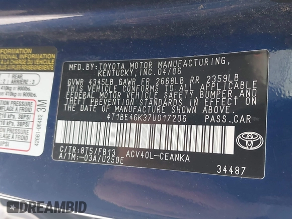 2007 Toyota Camry CE with VIN 4T1BE46K37U017206, listed as a IAAI auction lot 42178287 with 143,745 mi miles and . Bid and sale history available at DreamBid. Image 9.