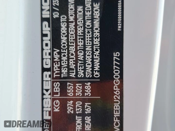 2023 Fisker Ocean Extreme z VIN VCF1EBU26PG007775, wystawiony jako Copart lot #58101265 z przebiegiem Nie podano mil oraz Szkody całkowita. Historia ofert i sprzedaży dostępna na DreamBid. Obrazek 13.