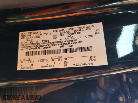 2020 Ford F-150 XL with VIN 1FTEW1EP0LKE96622, listed as a Copart auction lot 61238555 with 52,527 mi miles and Salvage title. Bid and sale history available at DreamBid. Image 12.