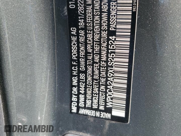 2020 Porsche 911 Carrera z VIN WP0CA2A9XLS251524, wystawiony jako Copart lot #58417375 z przebiegiem 32 009 mil mil oraz Szkoda całkowita • Salvage title. Historia ofert i sprzedaży dostępna na DreamBid. Obrazek 13.