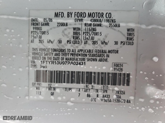 2007 Ford Ranger XL with VIN 1FTYR10U97PA02431, listed as a Copart auction lot 43237415 with 960,841 mi miles and Salvage Title. Bid and sale history available at carsss.com. Image 14.