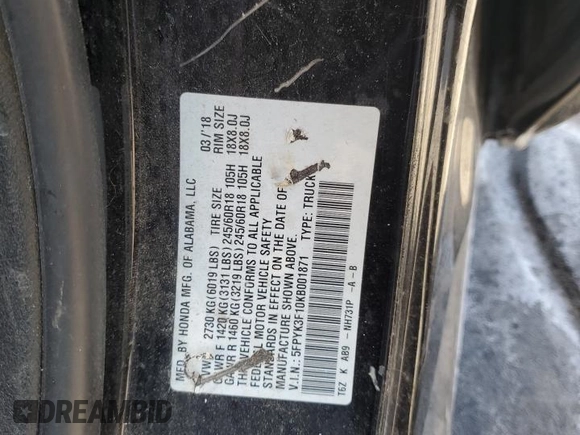 2019 Honda Ridgeline Sport with VIN 5FPYK3F10KB001871, listed as a Copart auction lot 43324885 with 171,273 mi miles and Salvage title. Bid and sale history available at DreamBid. Image 13.
