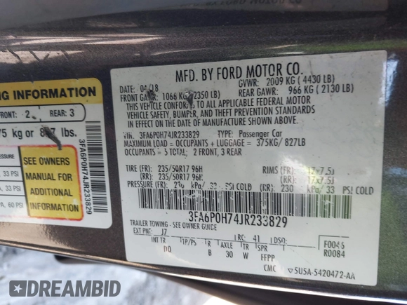 2018 Ford Fusion SE z VIN 3FA6P0H74JR233829, wystawiony jako IAAI lot #42049766 z przebiegiem 120 370 mil mil oraz . Historia ofert i sprzedaży dostępna na DreamBid. Obrazek 9.