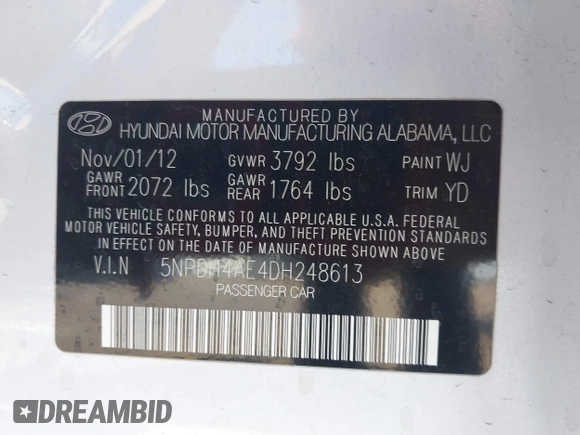 2013 Hyundai Elantra GLS with VIN 5NPDH4AE4DH248613, listed as a IAAI auction lot 41969664 with 120,173 mi miles and . Bid and sale history available at DreamBid. Image 9.