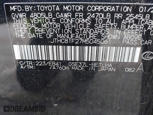 2021 Lexus IS 300 with VIN JTHC81F27M5045061, listed as a IAAI auction lot 42250307 with 64,770 mi miles and . Bid and sale history available at DreamBid. Image 9.