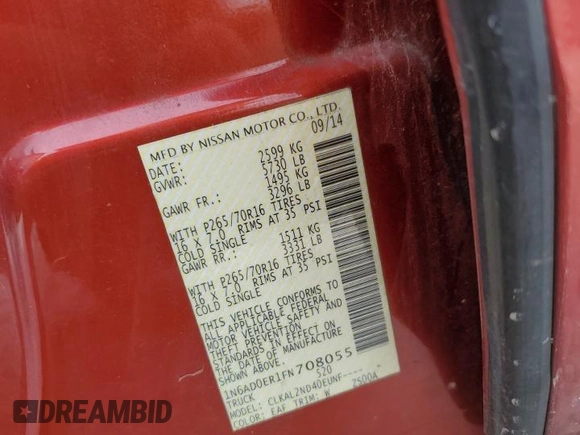 2015 Nissan Frontier SV with VIN 1N6AD0ER1FN708055, listed as a Copart auction lot 61051315 with 139,647 mi miles and Salvage title. Bid and sale history available at DreamBid. Image 13.