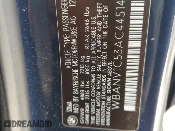 2010 BMW 5 Series 528i xDrive with VIN WBANV1C53AC445141, listed as a Copart auction lot 45191155 with 132,443 mi miles and Salvage Title. Bid and sale history available at carsss.com. Image 12.