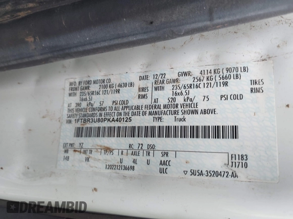 2023 Ford Transit Cargo with VIN 1FTBR3U80PKA40125, listed as a IAAI auction lot 41709473 with 83,626 mi miles and . Bid and sale history available at DreamBid. Image 9.