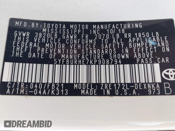 2019 Toyota Corolla L with VIN 5YFBURHE7KP908794, listed as a IAAI auction lot 38524964 with 65,069 mi miles. Bid and sale history available at carsss.com. Image 9.