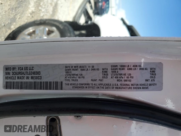 2020 Ram 2500 Tradesman with VIN 3C6UR5HJ7LG248383, listed as a Copart auction lot 83385054 with 55,688 mi miles and Non Repairable. Bid and sale history available at carsss.com. Image 14.