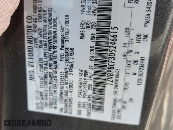 2013 Ford Mustang GT with VIN 1ZVBP8CF3D5246615, listed as a Copart auction lot 53124855 with Not provided miles and Salvage title. Bid and sale history available at DreamBid. Image 12.