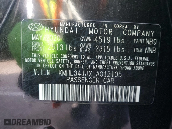 2020 Hyundai Sonata Hybrid Ultimate with VIN KMHL34JJXLA012105, listed as a Copart auction lot 76927134 with 66,897 mi miles and Salvage Title. Bid and sale history available at carsss.com. Image 13.