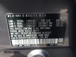 2019 Honda HR-V EX with VIN 3CZRU5H57KM726974, listed as a IAAI auction lot 41959748 with 62,065 mi miles. Bid and sale history available at carsss.com. Image 9.