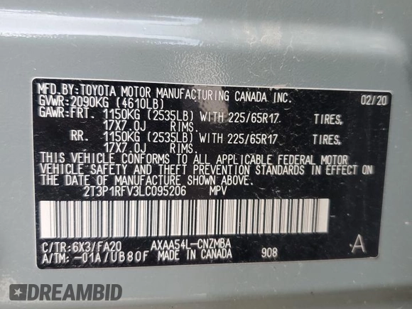 2020 Toyota RAV4 XLE z VIN 2T3P1RFV3LC095206, wystawiony jako Copart lot #61994415 z przebiegiem 57 698 mil mil oraz Szkoda całkowita • Salvage title. Historia ofert i sprzedaży dostępna na DreamBid. Obrazek 12.
