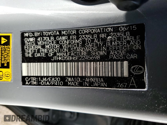 2015 Lexus CT 200h z VIN JTHKD5BH6F2245698, wystawiony jako Copart lot #41784034 z przebiegiem 137 343 mil mil oraz Nie do naprawy. Historia ofert i sprzedaży dostępna na DreamBid. Obrazek 12.