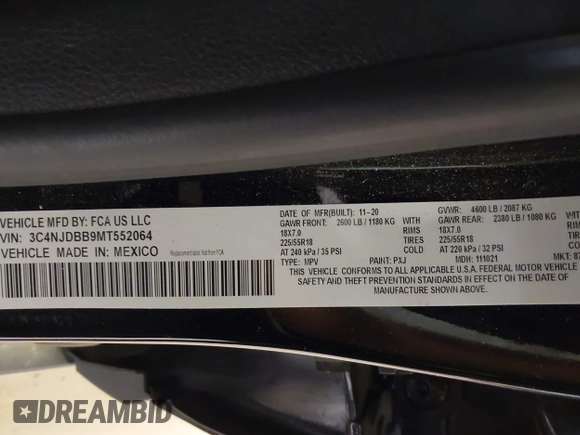 2021 Jeep Compass Latitude z VIN 3C4NJDBB9MT552064, wystawiony jako IAAI lot #42345320 z przebiegiem 57 080 mil mil oraz . Historia ofert i sprzedaży dostępna na DreamBid. Obrazek 9.