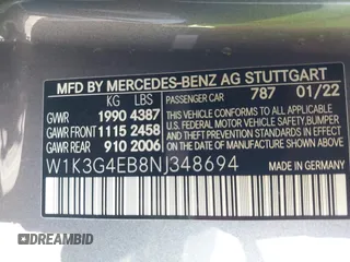 2022 Mercedes-Benz A 220 with VIN W1K3G4EB8NJ348694, listed as a IAAI auction lot 41861300 with 52,596 mi miles and . Bid and sale history available at DreamBid. Image 9.
