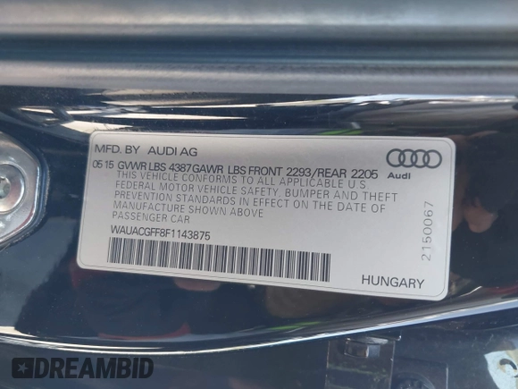 2015 Audi A3 Premium z VIN WAUACGFF8F1143875, wystawiony jako IAAI lot #42075507 z przebiegiem 126 559 mil mil oraz . Historia ofert i sprzedaży dostępna na DreamBid. Obrazek 9.