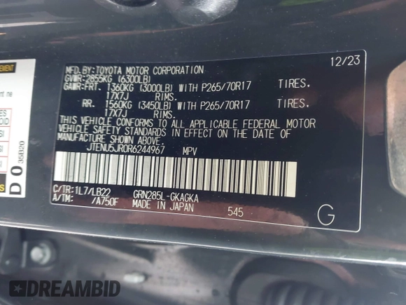 2024 Toyota 4Runner SR5 Premium with VIN JTENU5JR0R6244967, listed as a IAAI auction lot 41564159 with 6,145 mi miles and . Bid and sale history available at DreamBid. Image 9.