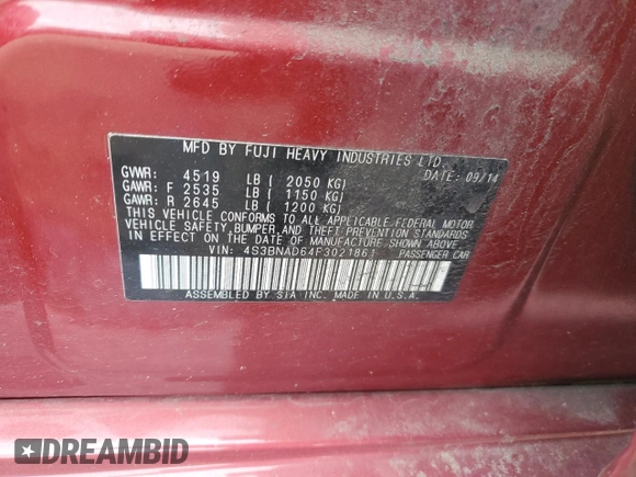 2015 Subaru Legacy Premium с VIN 4S3BNAD64F3021861, выставлен на аукционе Copart как лот 57779955 с пробегом 127 788 миль миль и Списание • Salvage title. История ставок и продаж доступна на DreamBid. Изображение 12.