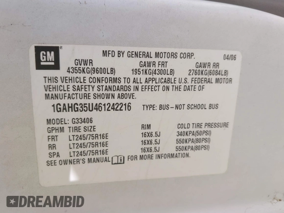 2006 Chevrolet Express Passenger with VIN 1GAHG35U461242216, listed as a IAAI auction lot 41797506 with 195,616 mi miles and . Bid and sale history available at DreamBid. Image 9.