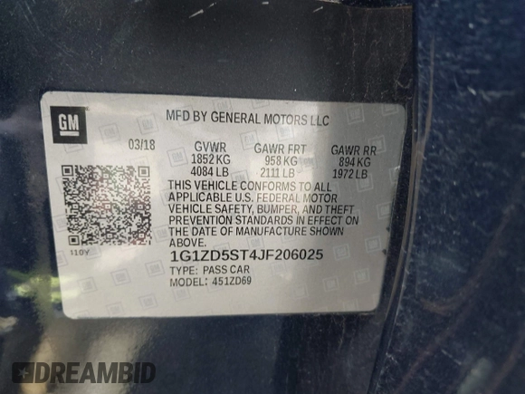 2018 Chevrolet Malibu LT with VIN 1G1ZD5ST4JF206025, listed as a IAAI auction lot 42081714 with 65,069 mi miles and . Bid and sale history available at DreamBid. Image 9.