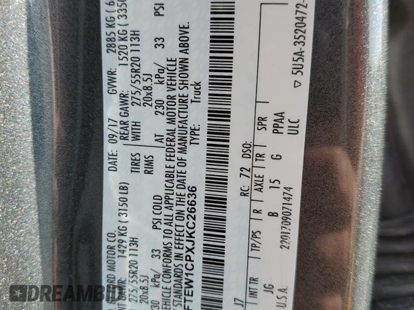 2018 Ford F-150 XL with VIN 1FTEW1CPXJKC26636, listed as a Copart auction lot 61426755 with 47,137 mi miles and Salvage title. Bid and sale history available at DreamBid. Image 13.