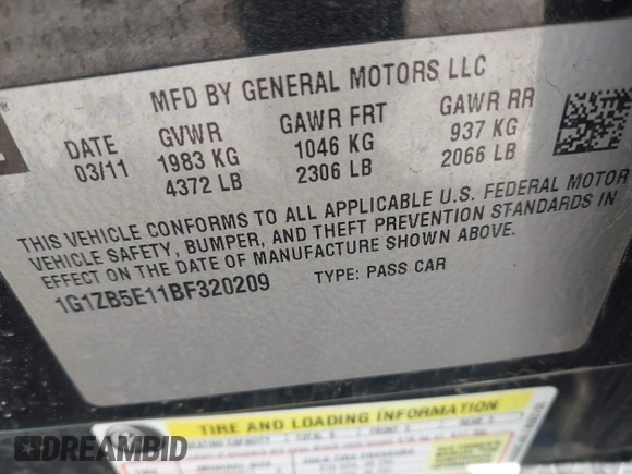 2011 Chevrolet Malibu 1LS with VIN 1G1ZB5E11BF320209, listed as a IAAI auction lot 41936499 with 99,768 mi miles and . Bid and sale history available at DreamBid. Image 9.