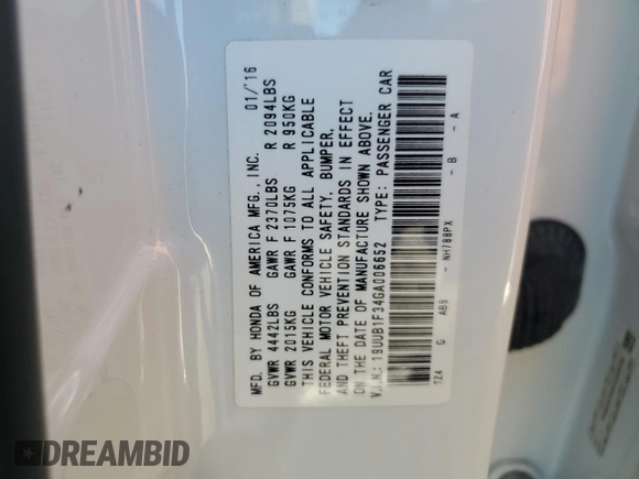 2016 Acura TLX with VIN 19UUB1F34GA006652, listed as a Copart auction lot 59721815 with 130,863 mi miles and Salvage title. Bid and sale history available at DreamBid. Image 13.