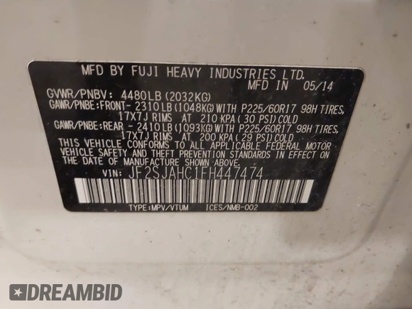 2015 Subaru Forester 2.5i Limited with VIN JF2SJAHC1FH447474, listed as a IAAI auction lot 41638702 with 224,584 mi miles. Bid and sale history available at carsss.com. Image 9.