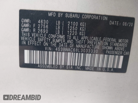 2020 Subaru Legacy Premium with VIN 4S3BWAC68L3033330, listed as a IAAI auction lot 42438948 with 67,012 mi miles and . Bid and sale history available at DreamBid. Image 9.