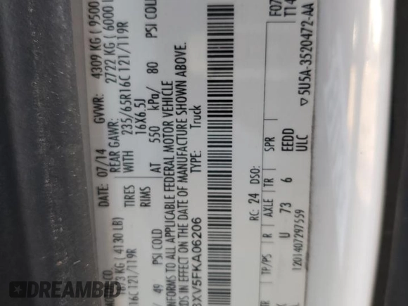 2015 Ford Transit with VIN 1FTSW3XV5FKA06206, listed as a Copart auction lot 71372803 with 59,159 mi miles and Non Repairable. Bid and sale history available at DreamBid. Image 12.