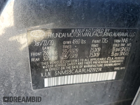 2020 Hyundai Santa Fe SEL with VIN 5NMS3CAA9LH219214, listed as a Copart auction lot 45949995 with 82,567 mi miles and Salvage Title. Bid and sale history available at carsss.com. Image 15.