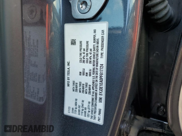 2023 Tesla Model 3 с VIN 5YJ3E1EA0PF617724, выставлен на аукционе Copart как лот 64719645 с пробегом Не указан миль и Списание • Salvage title. История ставок и продаж доступна на DreamBid. Изображение 12.