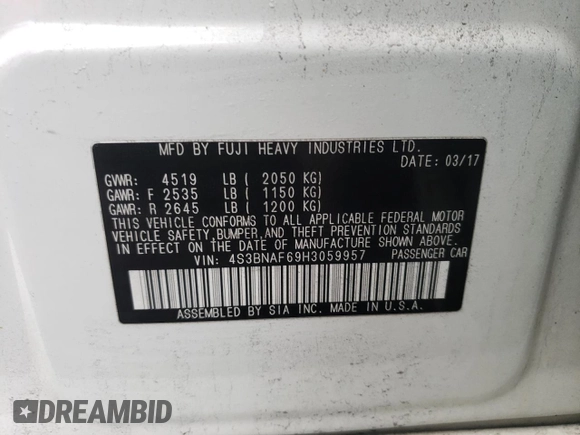 2017 Subaru Legacy Premium with VIN 4S3BNAF69H3059957, listed as a Copart auction lot 40373593 with 123,816 mi miles. Bid and sale history available at carsss.com. Image 12.