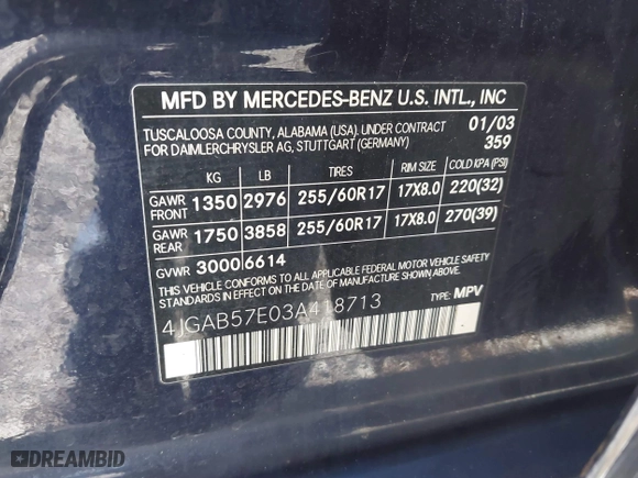 2003 Mercedes-Benz M-Class 3.7L with VIN 4JGAB57E03A418713, listed as a IAAI auction lot 41835875 with 195,982 mi miles. Bid and sale history available at carsss.com. Image 9.