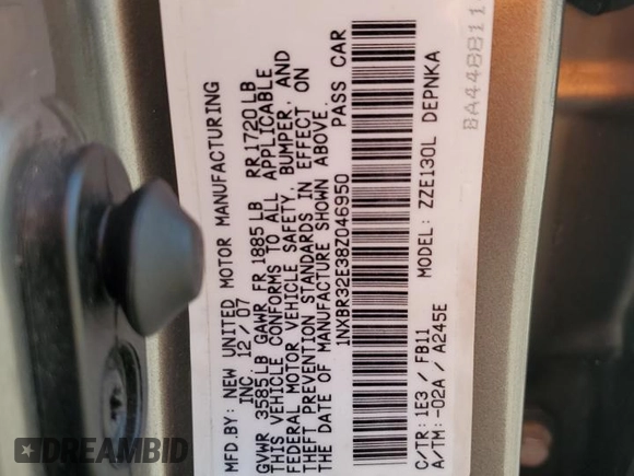 2008 Toyota Corolla CE with VIN 1NXBR32E38Z046950, listed as a Copart auction lot 55956545 with 130,946 mi miles and Salvage Title. Bid and sale history available at DreamBid. Image 13.