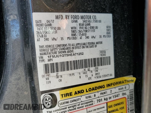 2017 Ford Expedition XL with VIN 1FMJU1GT5HEA71252, listed as a Copart auction lot 66779794 with 100,991 mi miles and Salvage title. Bid and sale history available at DreamBid. Image 13.
