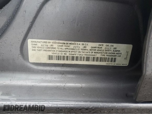 2007 Volkswagen Jetta 2.5 with VIN 3VWPF71K27M000687, listed as a Copart auction lot 78906974 with 165,322 mi miles and Salvage title. Bid and sale history available at DreamBid. Image 12.