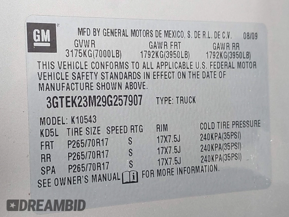 2009 GMC Sierra 1500 SLE with VIN 3GTEK23M29G257907, listed as a IAAI auction lot 42326992 with 269,340 mi miles and . Bid and sale history available at DreamBid. Image 9.