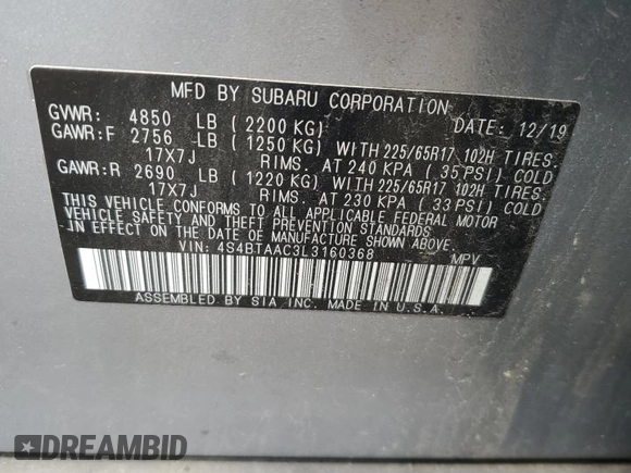 2020 Subaru Outback with VIN 4S4BTAAC3L3160368, listed as a Copart auction lot 63312135 with 136,110 mi miles and Salvage title. Bid and sale history available at DreamBid. Image 13.