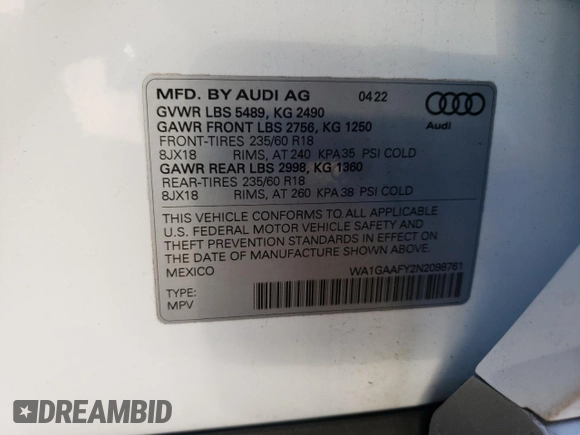 2022 Audi Q5 S line Premium with VIN WA1GAAFY2N2098761, listed as a Copart auction lot 72117352 with 0 mi miles. Bid and sale history available at carsss.com. Image 15.