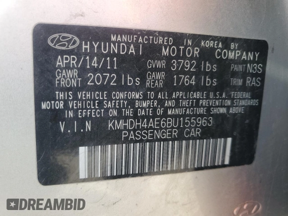 2011 Hyundai Elantra Limited z VIN KMHDH4AE6BU155963, wystawiony jako Copart lot #45385235 z przebiegiem 104 767 mil mil oraz Szkoda całkowita • Salvage title. Historia ofert i sprzedaży dostępna na DreamBid. Obrazek 12.