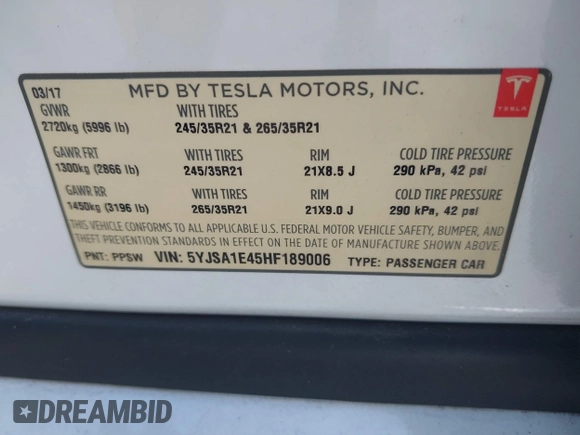 2017 Tesla Model S 100D with VIN 5YJSA1E45HF189006, listed as a IAAI auction lot 42540693 with 64,827 mi miles and . Bid and sale history available at DreamBid. Image 9.