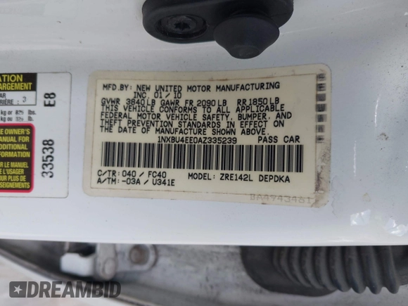 2010 Toyota Corolla with VIN 1NXBU4EE0AZ335239, listed as a IAAI auction lot 42155710 with 215,134 mi miles. Bid and sale history available at carsss.com. Image 9.