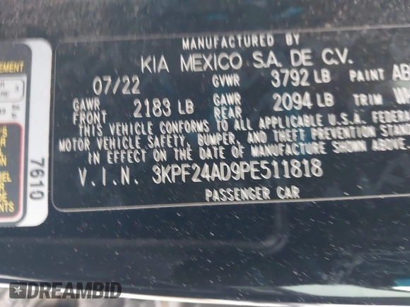 2023 Kia Forte LXS z VIN 3KPF24AD9PE511818, wystawiony jako IAAI lot #41554269 z przebiegiem 16 465 mil mil oraz . Historia ofert i sprzedaży dostępna na DreamBid. Obrazek 9.