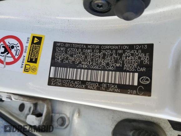 2014 Lexus ES 330 with VIN JTHBK1GG6E2110461, listed as a Copart auction lot 60861345 with 120,681 mi miles and Salvage title. Bid and sale history available at DreamBid. Image 12.