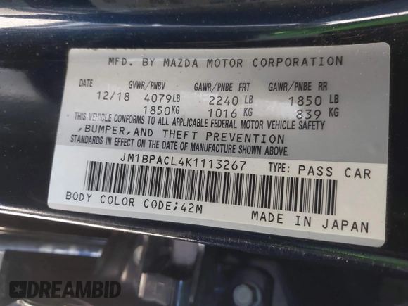 2019 Mazda 3 Select with VIN JM1BPACL4K1113267, listed as a IAAI auction lot 41461542 with 78,442 mi miles and . Bid and sale history available at carsss.com. Image 9.