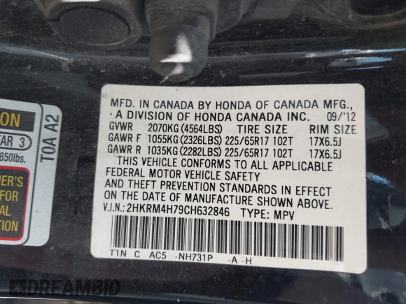 2012 Honda CR-V EX-L with VIN 2HKRM4H79CH632846, listed as a IAAI auction lot 42105816 with 292,729 mi miles. Bid and sale history available at carsss.com. Image 9.