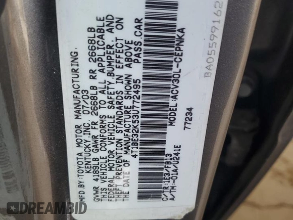 2003 Toyota Camry LE with VIN 4T1BE32K53U772495, listed as a Copart auction lot 54733305 with 115,227 mi miles and Salvage Title. Bid and sale history available at DreamBid. Image 12.